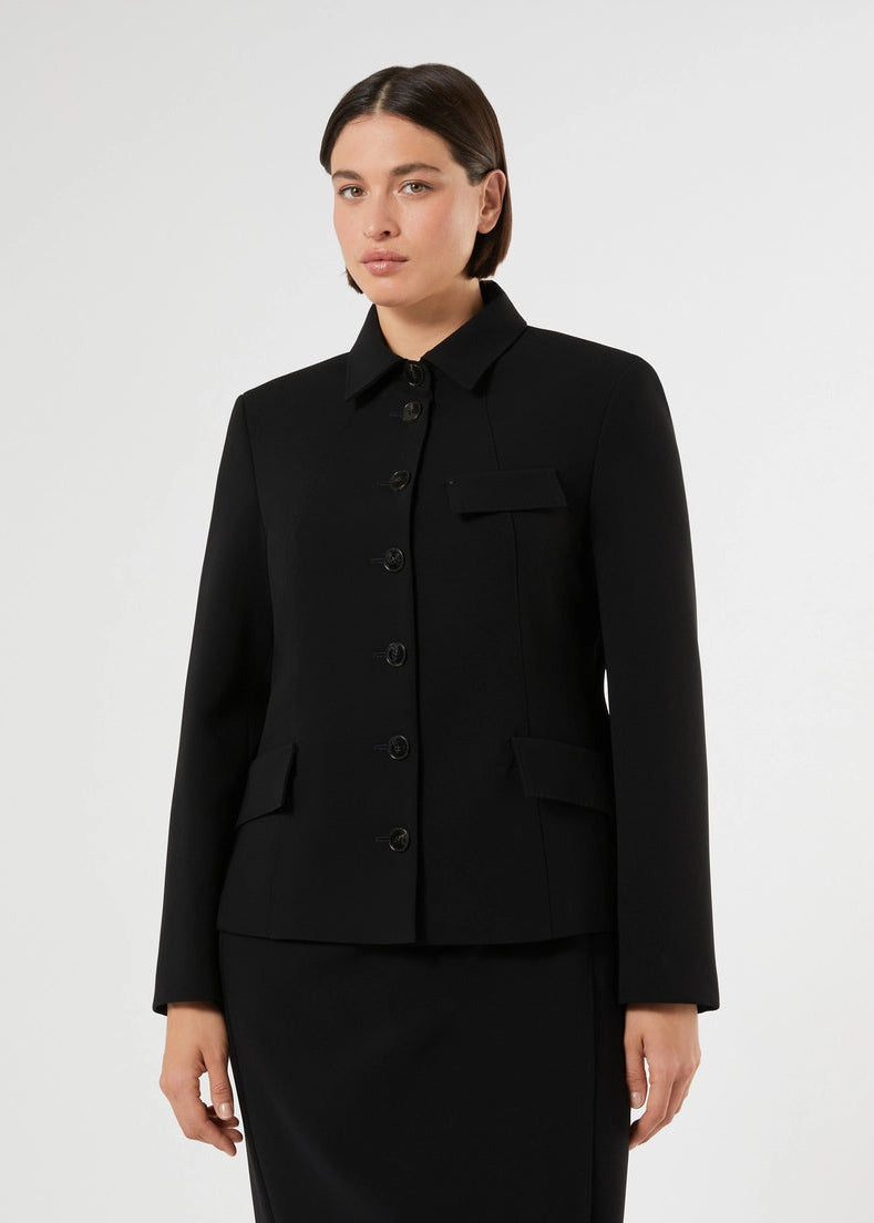 front view of plus size Marina Rinaldi Molo Triacetate Button Front Shaped Jacket in Black