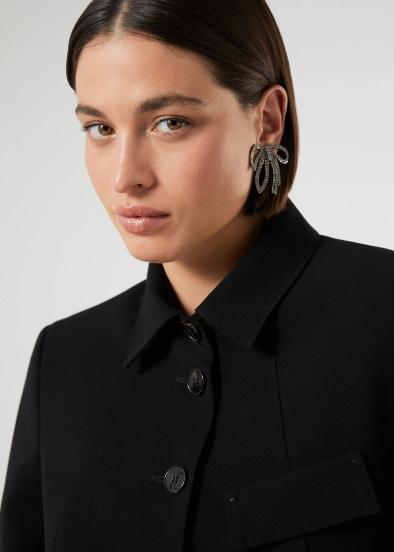 close up front view of plus size Marina Rinaldi Molo Triacetate Button Front Shaped Jacket in Black