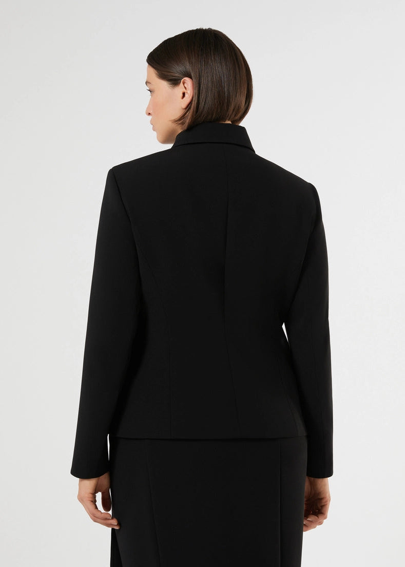 back view of plus size Marina Rinaldi Molo Triacetate Button Front Shaped Jacket in Black