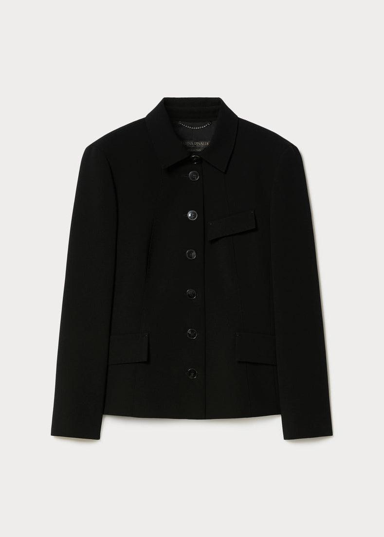 front view of plus size Marina Rinaldi Molo Triacetate Button Front Shaped Jacket in Black