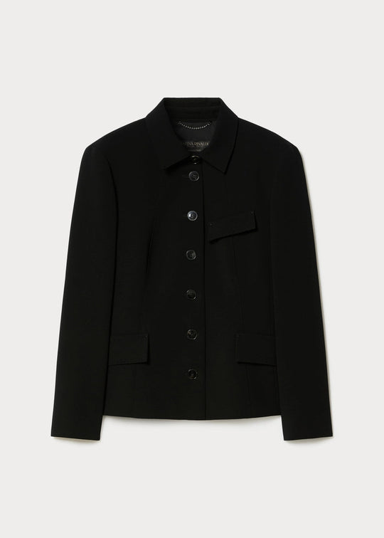 front view of plus size Marina Rinaldi Molo Triacetate Button Front Shaped Jacket in Black