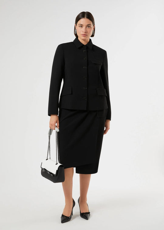 front view of plus size Marina Rinaldi Molo Triacetate Button Front Shaped Jacket in Black with matching slim skirt