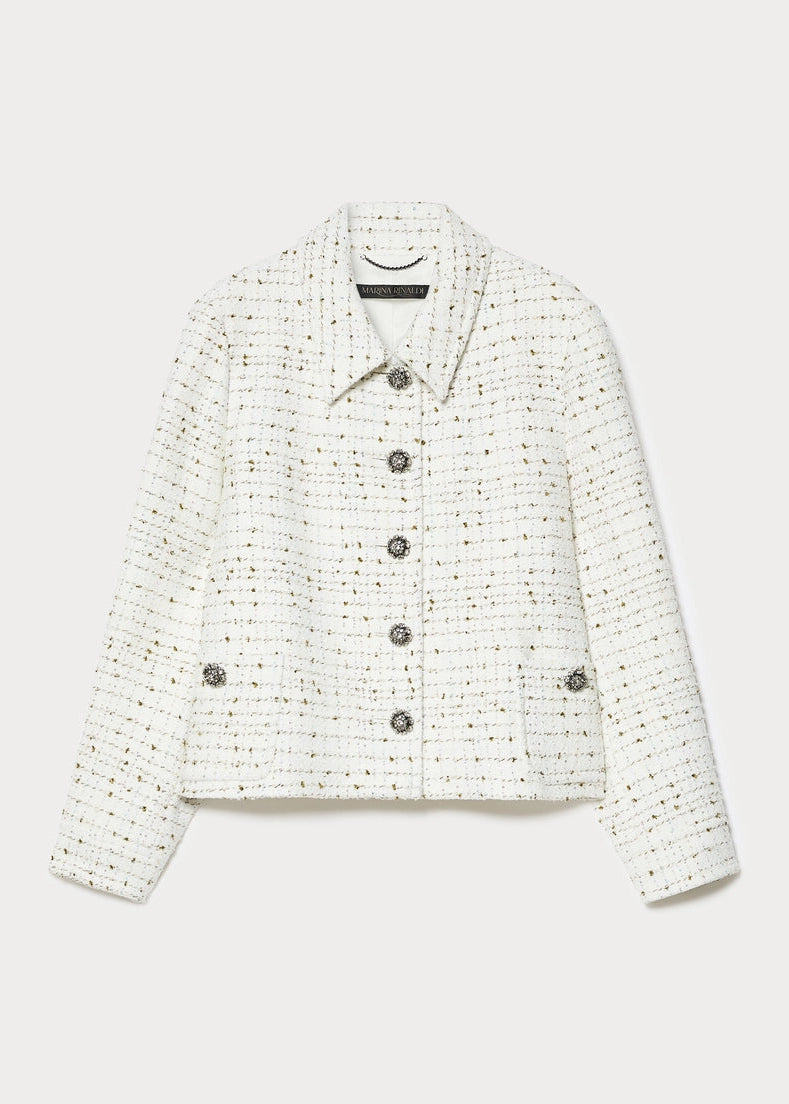 Front view of plus size Marina Rinaldi Trionfo Jewel Button Front Tweed Jacket in White