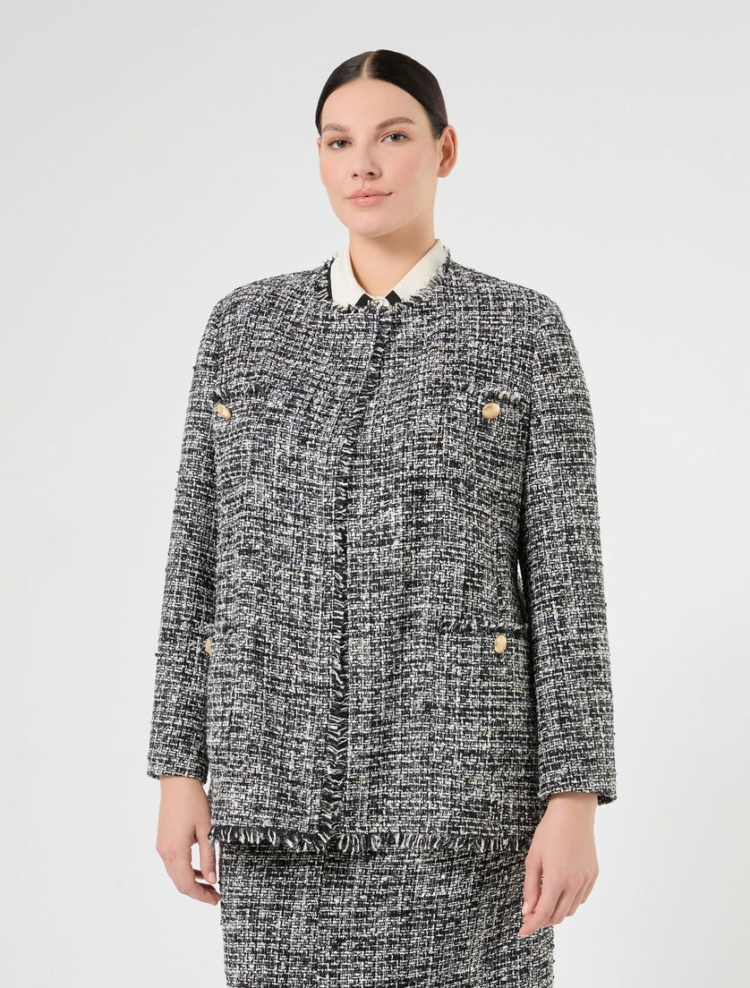 Black and white tweed boucle jacket with stand collar and gold-tone front buttons