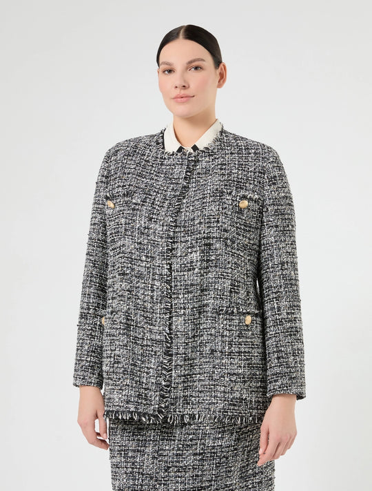 Black and white tweed boucle jacket with stand collar and gold-tone front buttons
