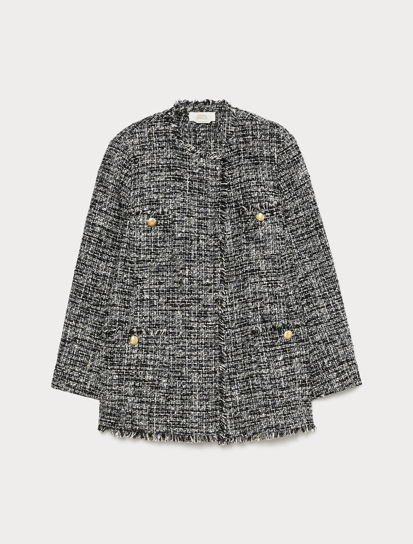 Black and white tweed boucle jacket with stand collar, gold-tone buttons, fringe hem