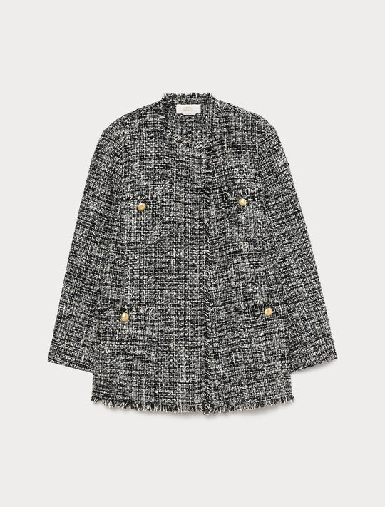 Black and white tweed boucle jacket with stand collar, gold-tone buttons, fringe hem