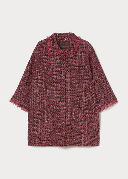 Marina Rinaldi Afro Fringed Trim 3/4 Sleeve Jacket in Cherry Tweed