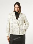 Marina Rinaldi Saggina Boucle Double Breasted Jacket with Fringe in White Check