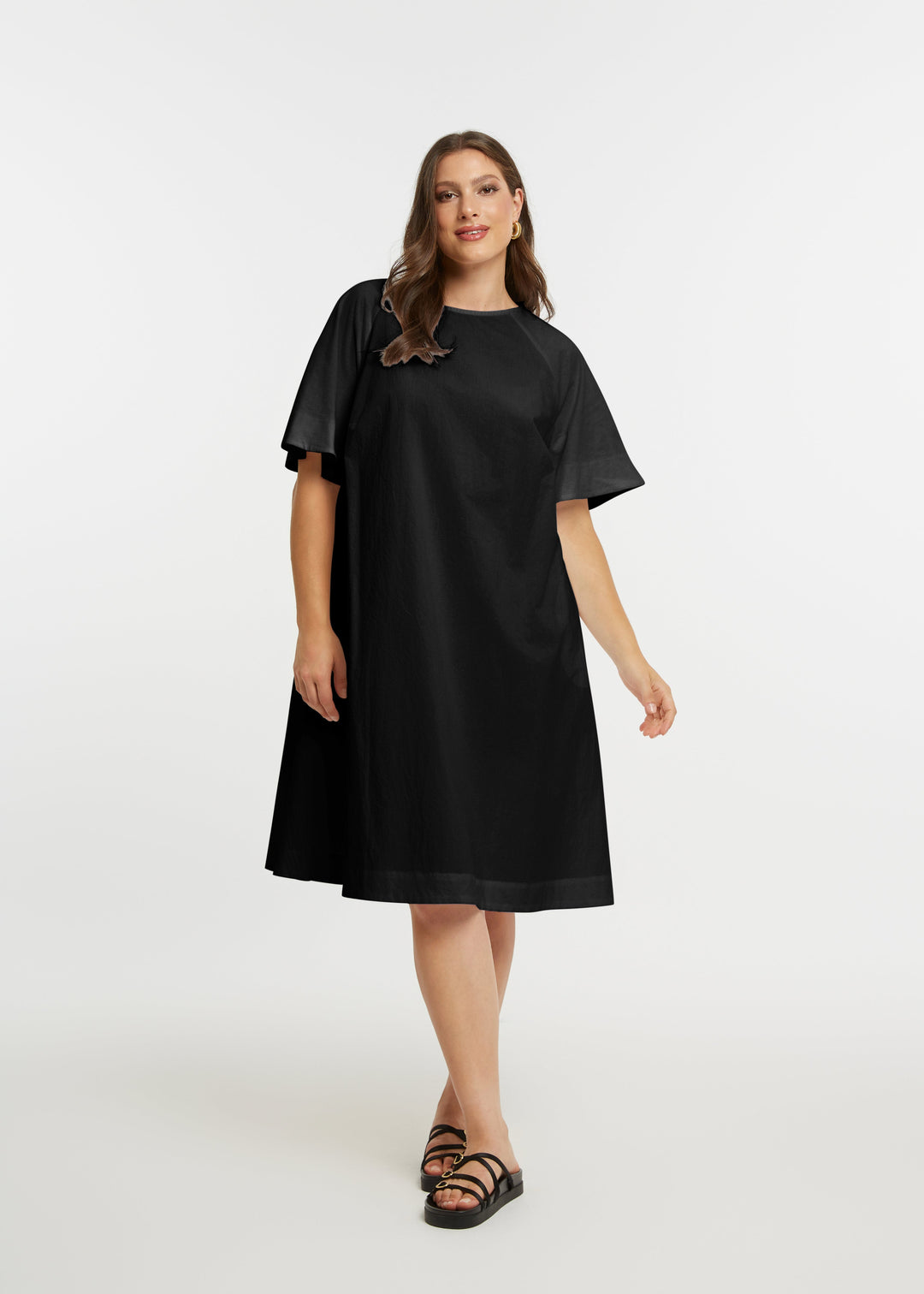 Mat Cotton Short Sleeve A Line Knee Length Dress in Black