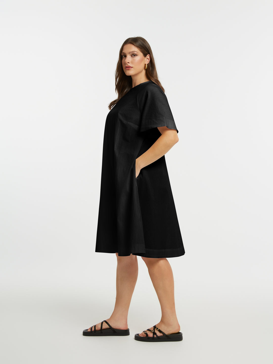Mat Cotton Short Sleeve A Line Knee Length Dress in Black