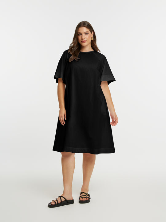 Mat Cotton Short Sleeve A Line Knee Length Dress in Black
