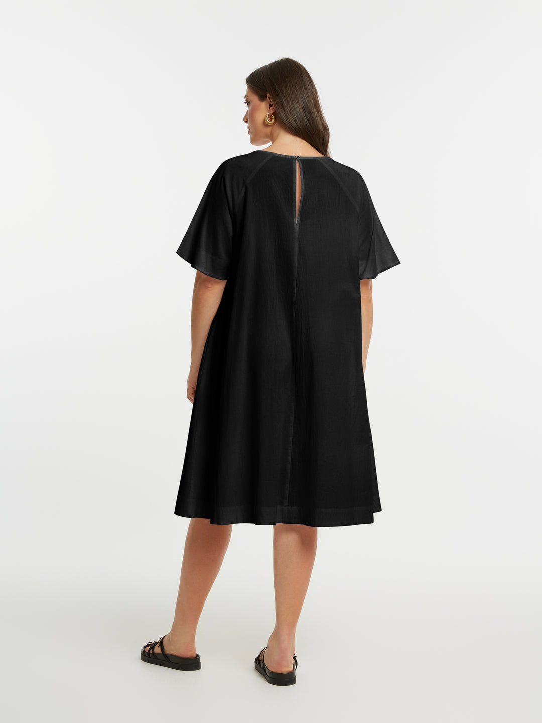 Mat Cotton Short Sleeve A Line Knee Length Dress in Black