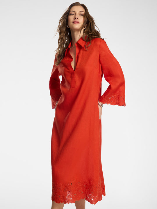 Elena Miro Embroidered Linen Polo Collar Dress with Scallop Embellishment Hem in Paprika