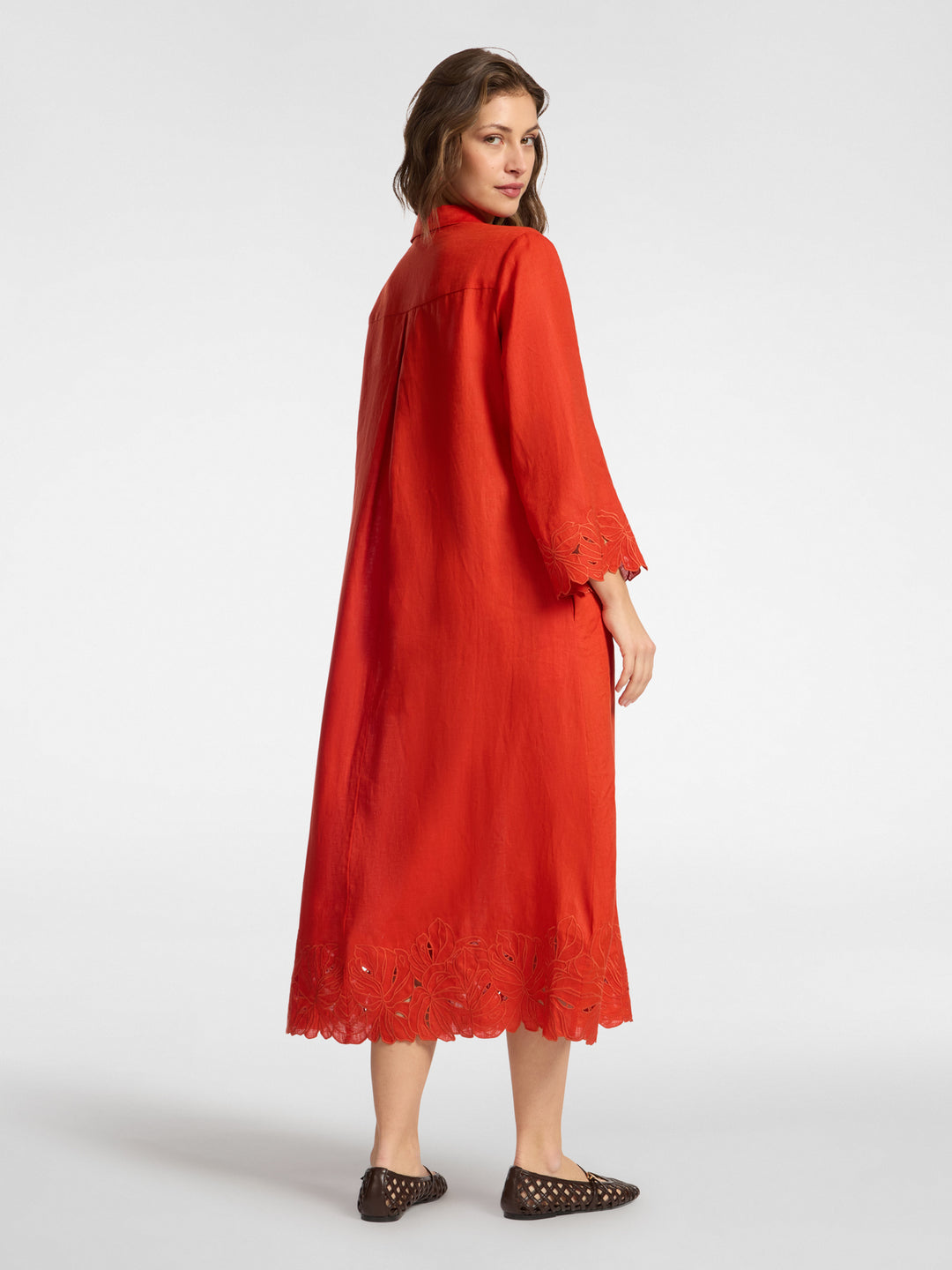 Elena Miro Embroidered Linen Polo Collar Dress with Scallop Embellishment Hem in Paprika