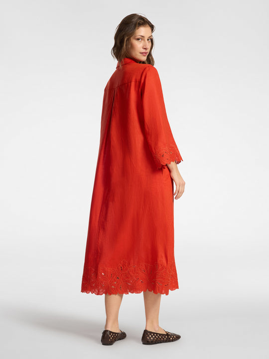 Elena Miro Embroidered Linen Polo Collar Dress with Scallop Embellishment Hem in Paprika