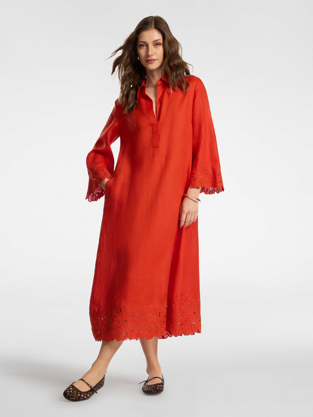 Elena Miro Embroidered Linen Polo Collar Dress with Scallop Embellishment Hem in Paprika