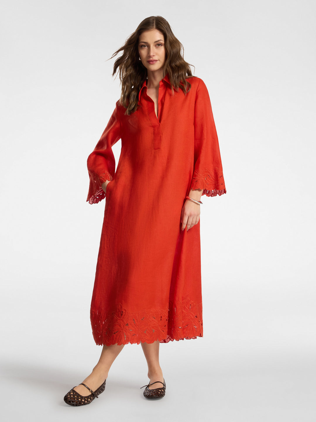 Elena Miro Embroidered Linen Polo Collar Dress with Scallop Embellishment Hem in Paprika