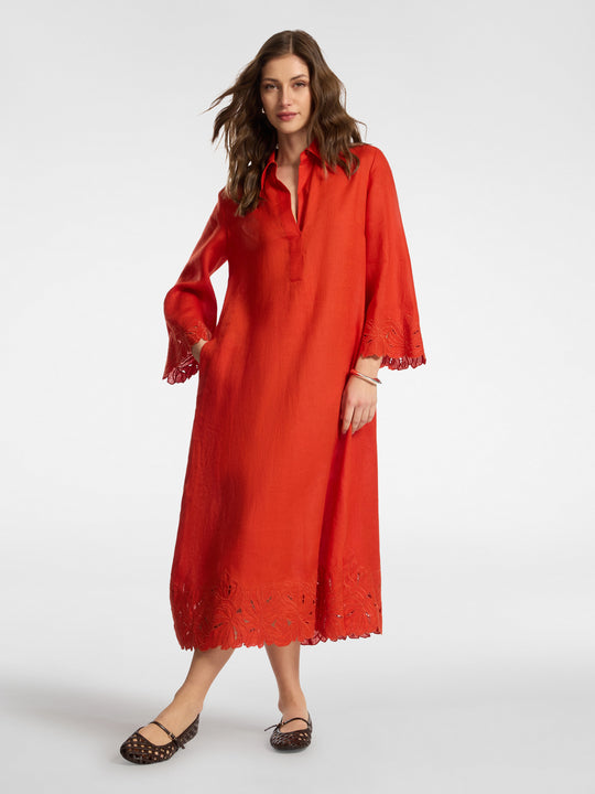 Elena Miro Embroidered Linen Polo Collar Dress with Scallop Embellishment Hem in Paprika