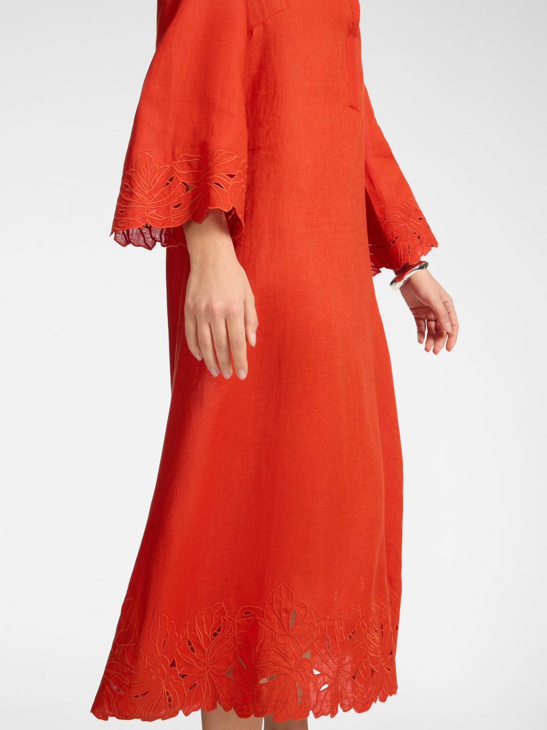 Elena Miro Embroidered Linen Polo Collar Dress with Scallop Embellishment Hem in Paprika