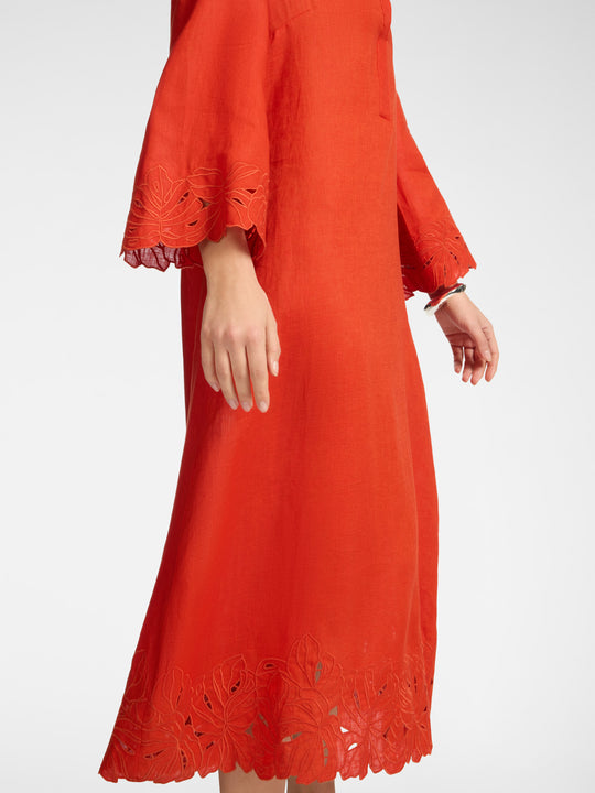 Elena Miro Embroidered Linen Polo Collar Dress with Scallop Embellishment Hem in Paprika
