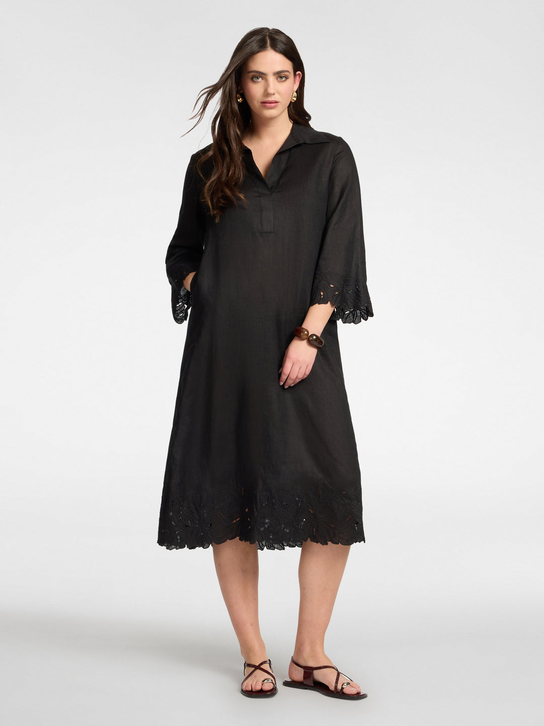 Elena Miro Embroidered Linen Polo Collar Dress with Scallop Embellishment Hem in Black