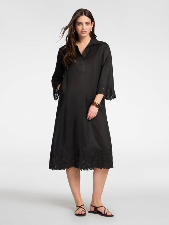 Elena Miro Embroidered Linen Polo Collar Dress with Scallop Embellishment Hem in Black