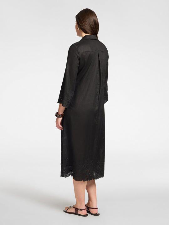 Elena Miro Embroidered Linen Polo Collar Dress with Scallop Embellishment Hem in Black