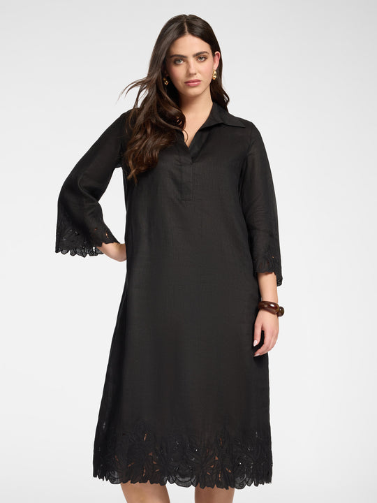 Elena Miro Embroidered Linen Polo Collar Dress with Scallop Embellishment Hem in Black