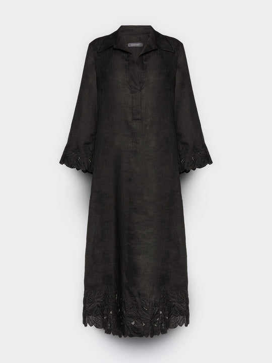 Elena Miro Embroidered Linen Polo Collar Dress with Scallop Embellishment Hem in Black