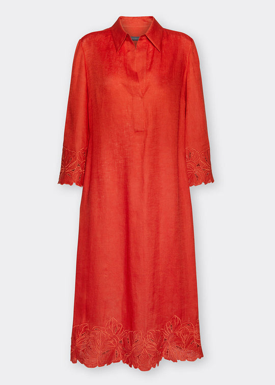 Red dress with lace details on a white background