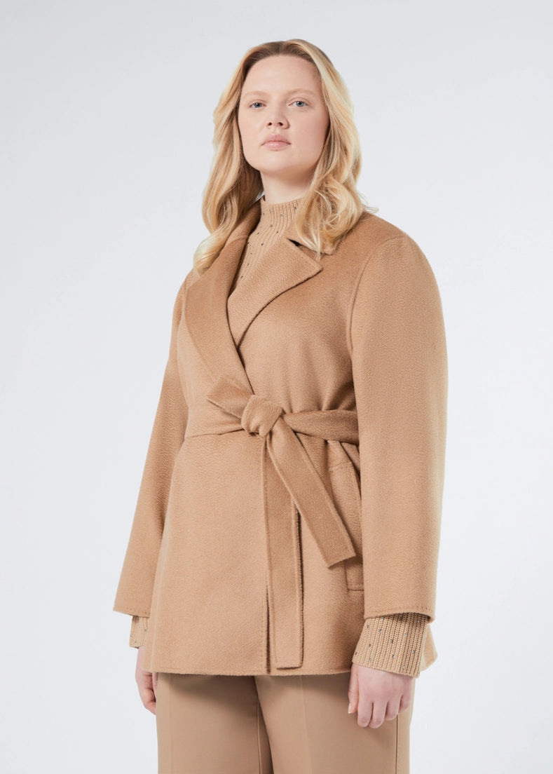 front view of plus size Marina Rinaldi Ebbro Pure Wool Short Coat in Camel
