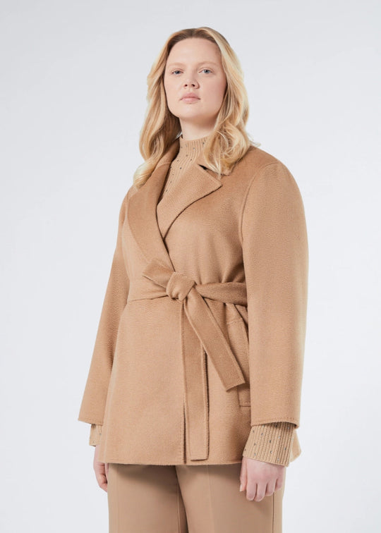 front view of plus size Marina Rinaldi Ebbro Pure Wool Short Coat in Camel