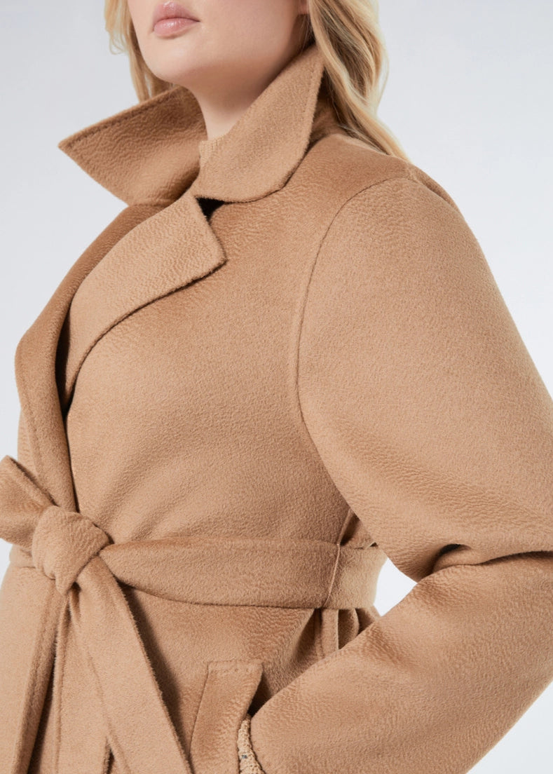 close up side front view of plus size Marina Rinaldi Ebbro Pure Wool Short Coat in Camel