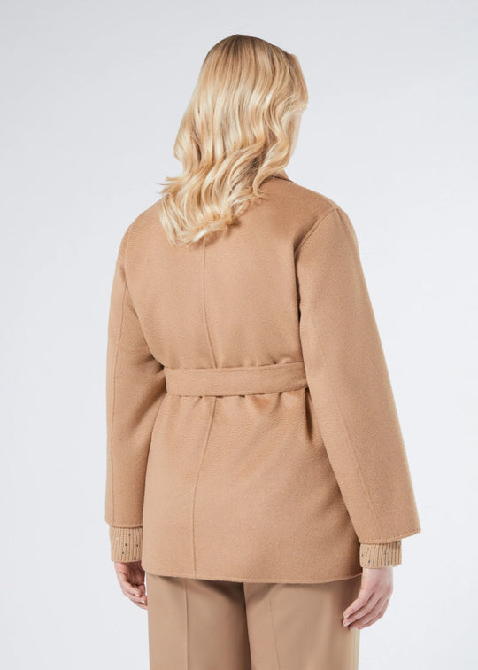 back view of plus size Marina Rinaldi Ebbro Pure Wool Short Coat in Camel