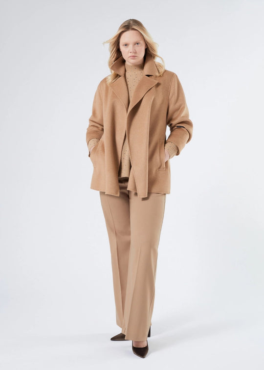 front view of plus size Marina Rinaldi Ebbro Pure Wool Short Coat in Camel