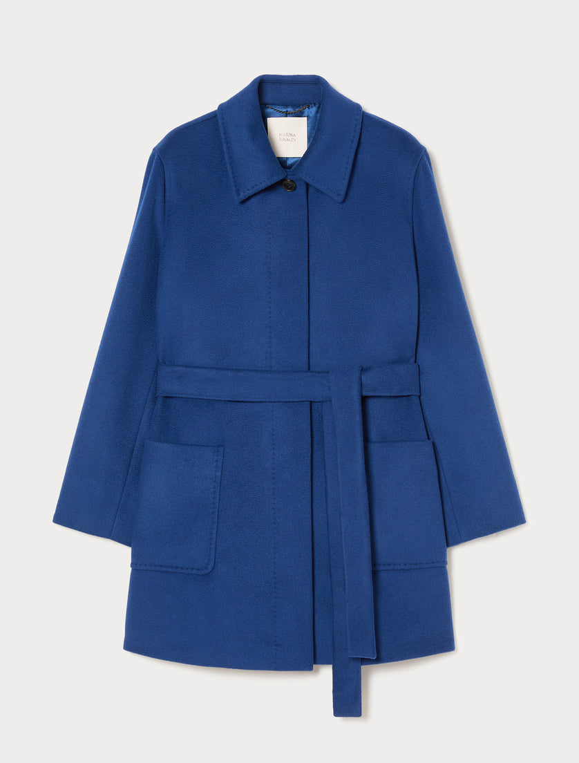 Bright blue wool short coat with self belt, patch pockets, and covered button placket, flat lay view