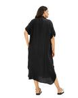 Mat Cuffed Tab Sleeve Linen Blend Dress with Curved Hem in Black