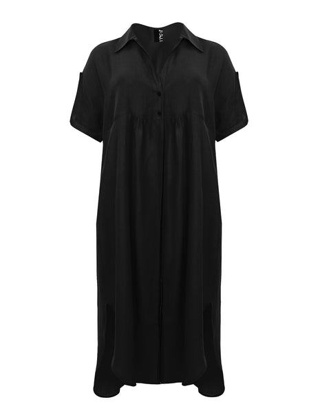 Mat Cuffed Tab Sleeve Linen Blend Dress with Curved Hem in Black