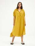Mat Cuffed Tab Sleeve Linen Blend Dress with Curved Hem in Pale Yellow