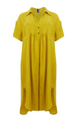 Mat Cuffed Tab Sleeve Linen Blend Dress with Curved Hem in Pale Yellow