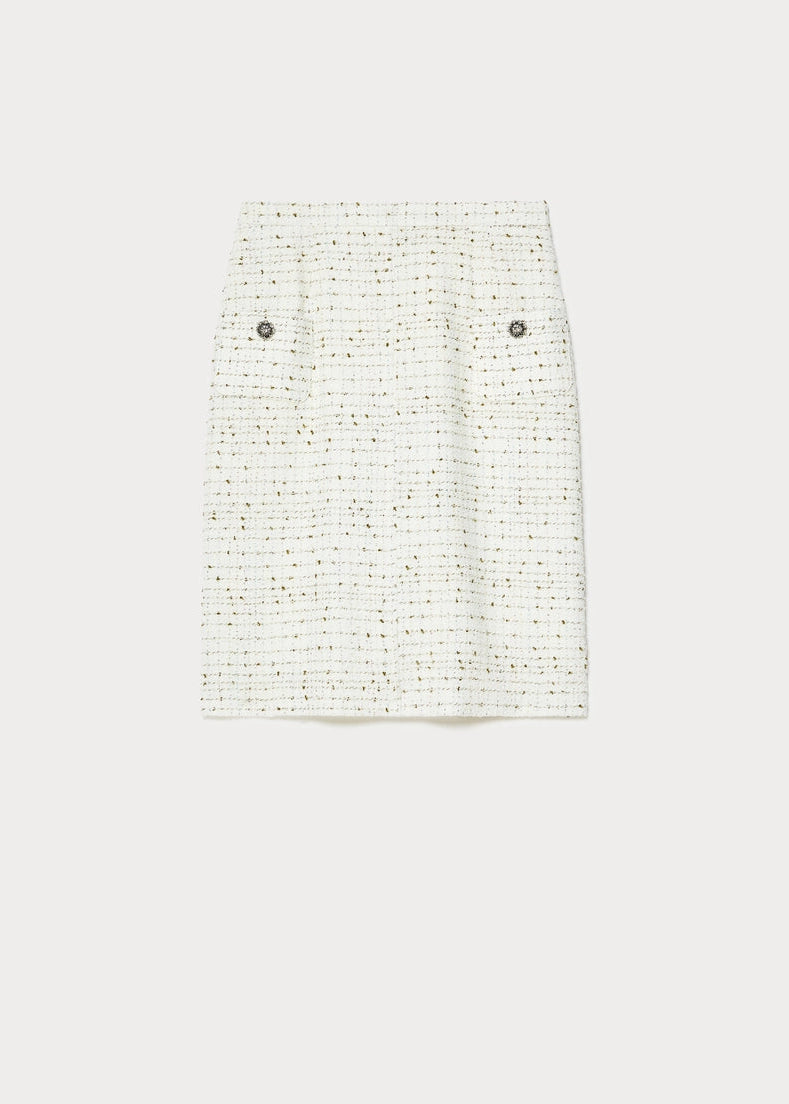 Front view of plus size Marina Rinaldi Tundra Tweed Slim Skirt with Pockets and Jewel Button Detail in White