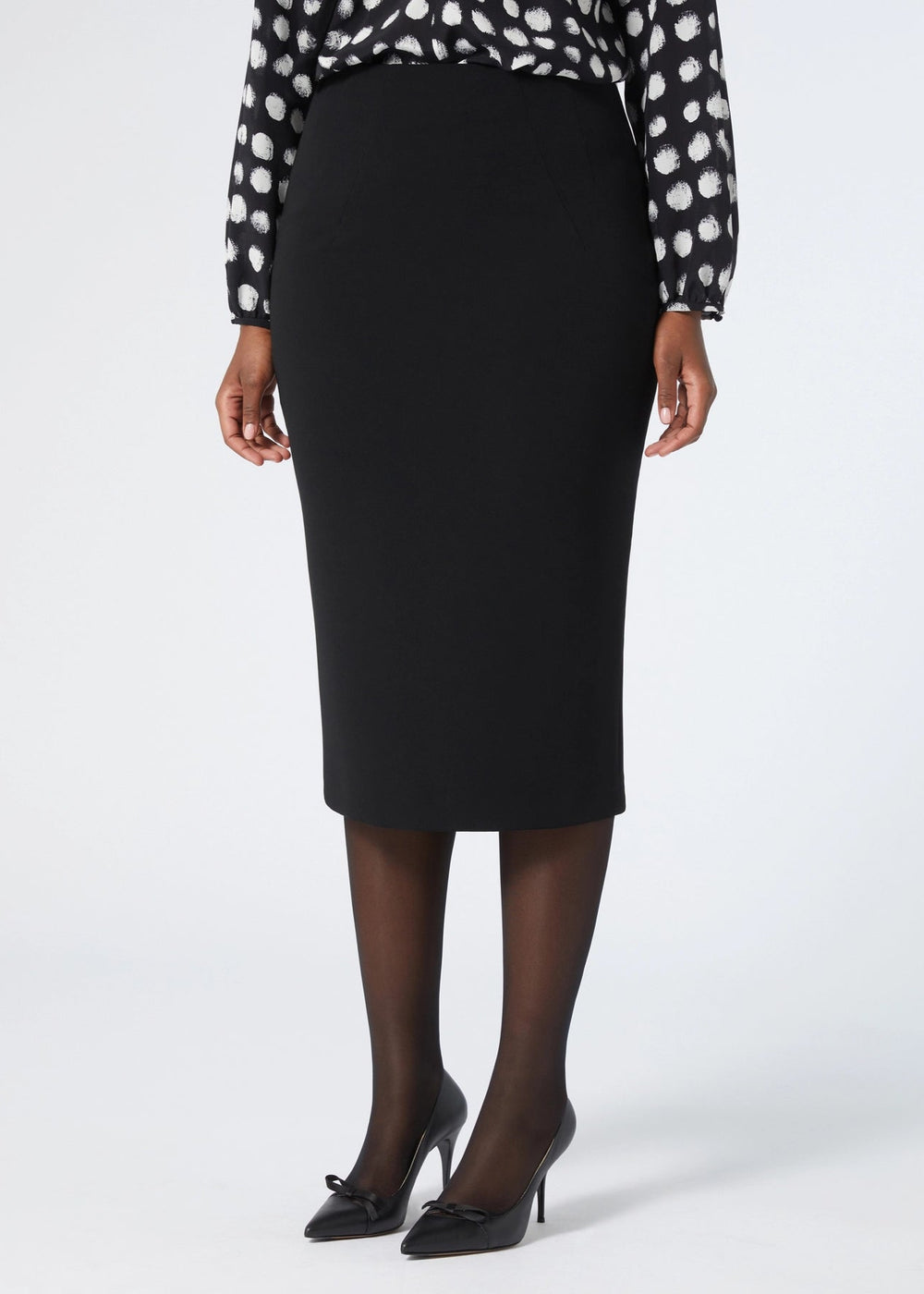 front of plus size Marina Rinaldi Osaka Slim Pencil Flared Skirt in Black