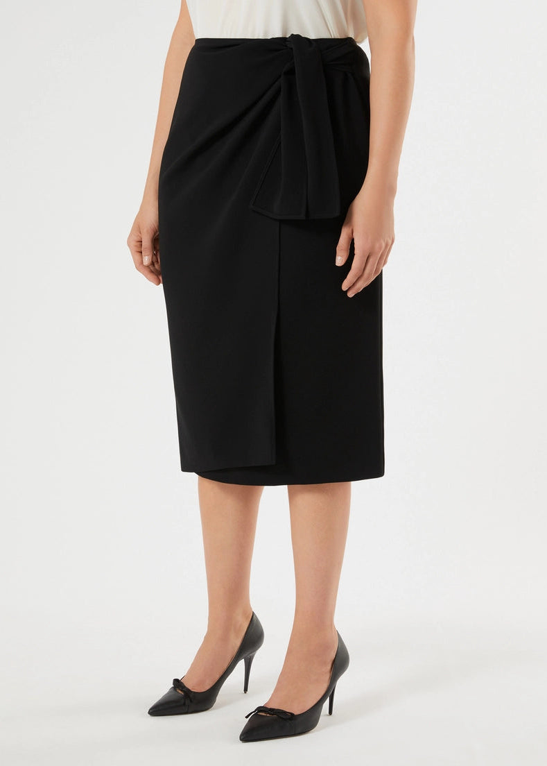 front view of plus size Marina Rinaldi Osaka Triacetate Slim Skirt in Black