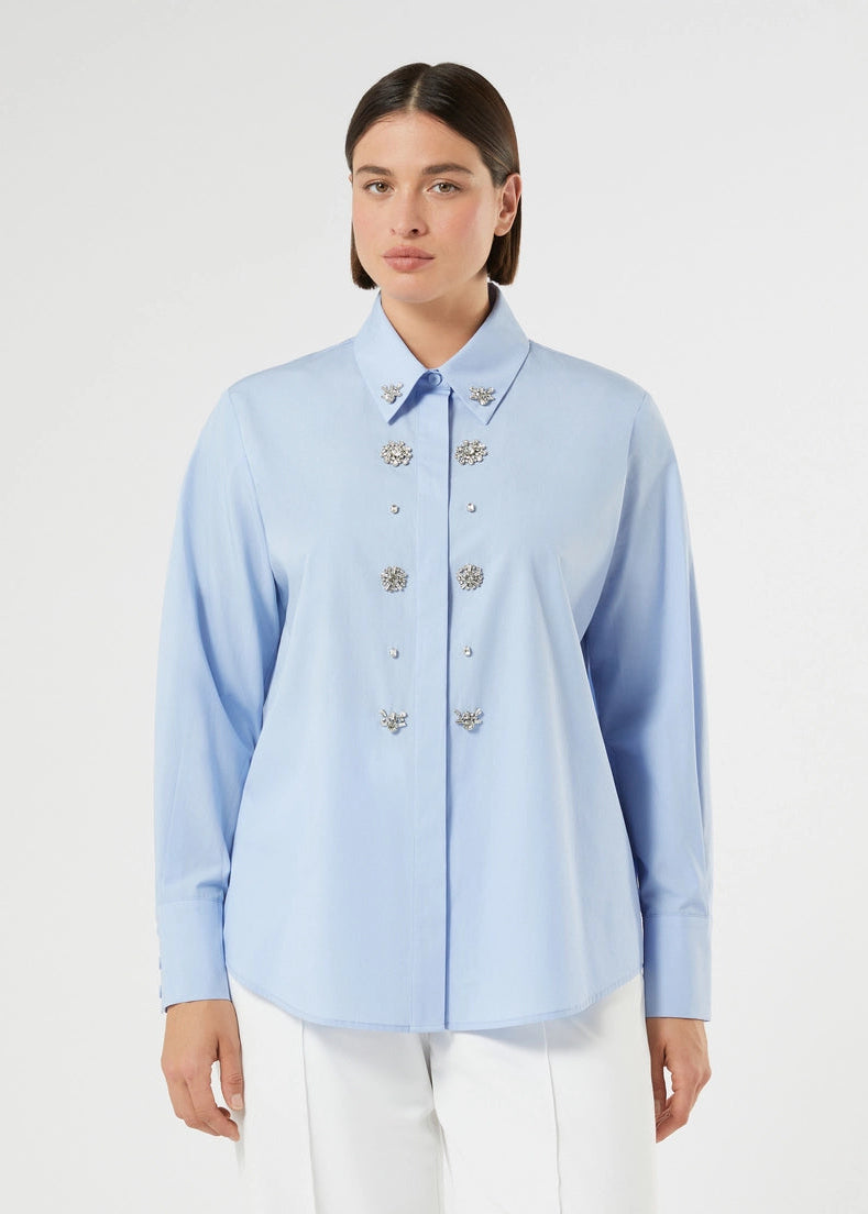 Front view of plus size Marina Rinaldi Fulmine Cotton Poplin Beaded Long Sleeve Shirt in Sky Blue
