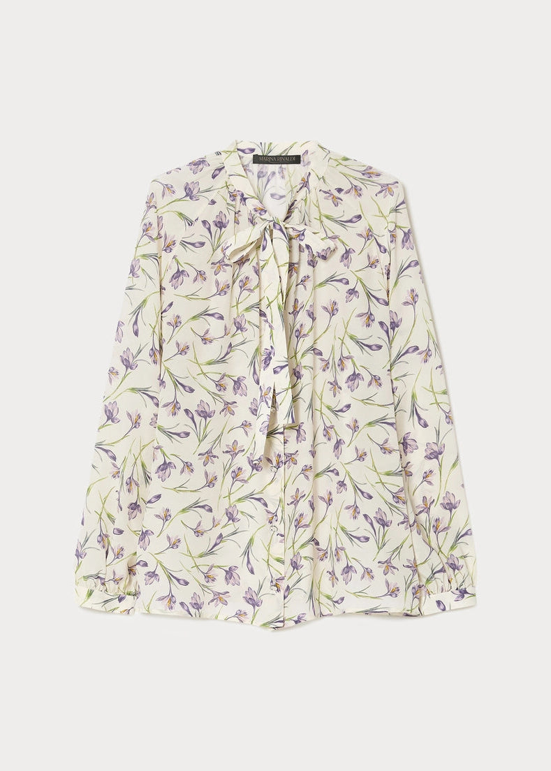 Front view of plus size Marina Rinaldi Alpaca Long Sleeve Silk Print Blouse in Ivory