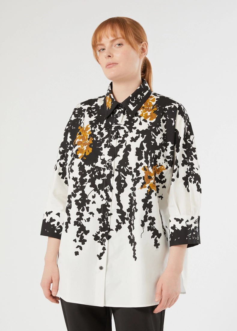 front view of plus size Marina Rinaldi Calao Cotton Poplin Vine Print 3/4 Sleeve Shirt in White Black