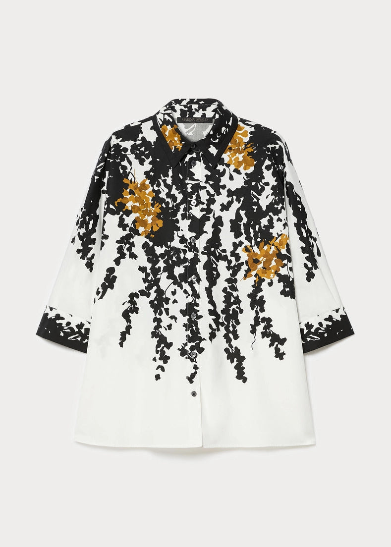 front view of plus size Marina Rinaldi Calao Cotton Poplin Vine Print 3/4 Sleeve Shirt in White Black