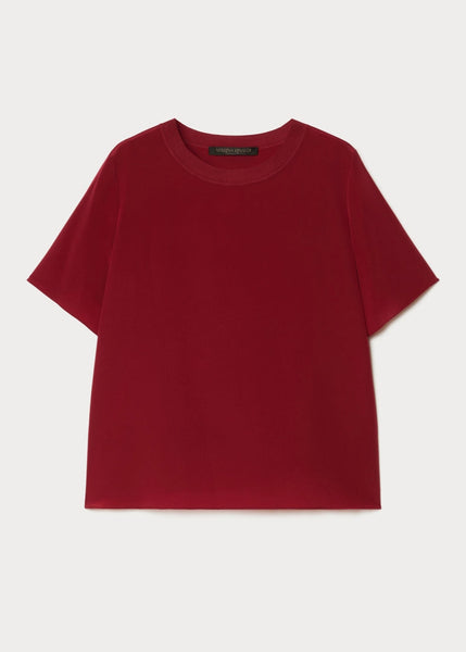 front view of plus size Marina Rinaldi Ennio Silk Crepe de Chine Short Sleeve Top in Cherry