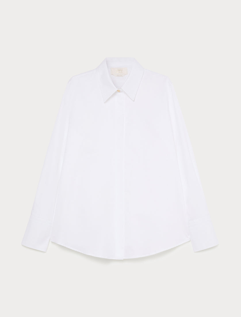 White cotton poplin button-up shirt with pointed collar and long sleeves